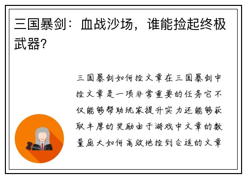 三国暴剑：血战沙场，谁能捡起终极武器？